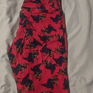 LuLaRoe Red Leggings with Blue and Orange Pattern